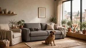 Cane sul tappeto e gatto sul divano in un soggiorno moderno con poltrone e sofa in tessuti resistenti, esempio di arredo anti‑graffio e anti‑pelo per chi ha animali domestici.