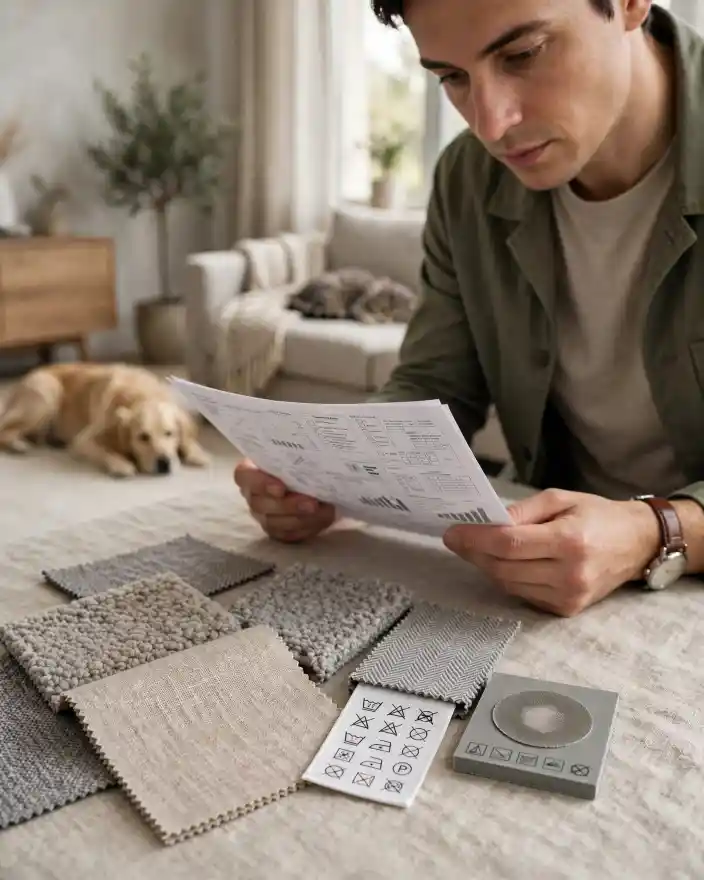 Scelta dei tessuti per poltrone e sofa pet friendly Campioni di tessuto con simboli di manutenzione e cane sullo sfondo, esempio di come scegliere poltrone e sofa resistenti, anti‑graffio e anti‑pelo per case con animali domestici.
