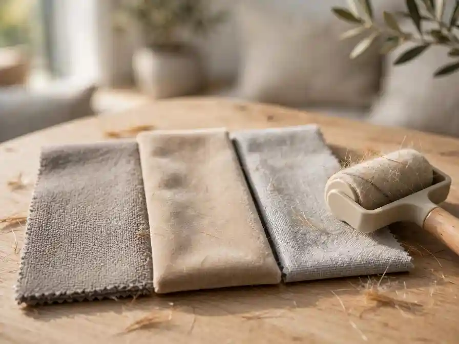 Campioni di tessuto per poltrone e sofa anti‑pelo Campioni di tessuto con peli di animale e rullo adesivo su piano in legno, esempio pratico per scegliere poltrone e sofa anti‑pelo e facili da pulire quando si hanno cani e gatti.