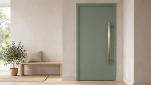 Ingresso minimalista con porta in legno chiaro a doghe verticali, maniglia nera e arredi naturali. Un esempio perfetto di idee per rinnovare le porte di casa senza sostituirle, usando materiali caldi e dettagli moderni.