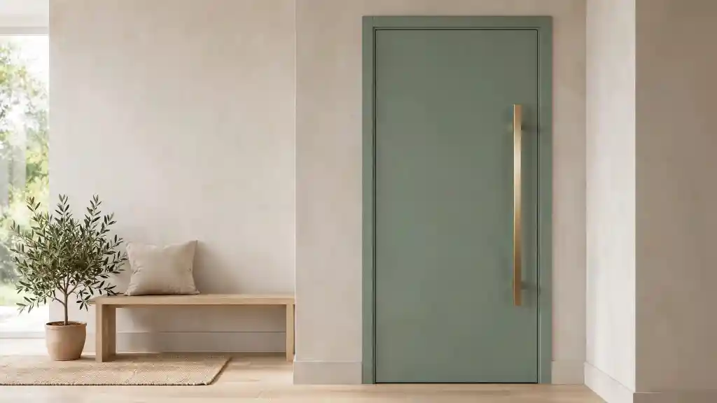 Ingresso minimalista con porta in legno chiaro a doghe verticali, maniglia nera e arredi naturali. Un esempio perfetto di idee per rinnovare le porte di casa senza sostituirle, usando materiali caldi e dettagli moderni.