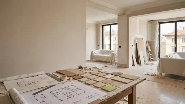Tavolo con progetti di ristrutturazione, campioni di materiali e strumenti di lavoro in una casa in fase di restyling.