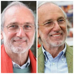 Renzo Piano ritratto in due fotografie, una all’aperto e una in ambiente interno