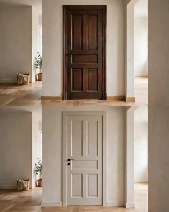 Restyling porta interna: da legno scuro a vernice chiara Porta interna in legno scuro e versione verniciata chiara a confronto, esempio di restyling moderno.