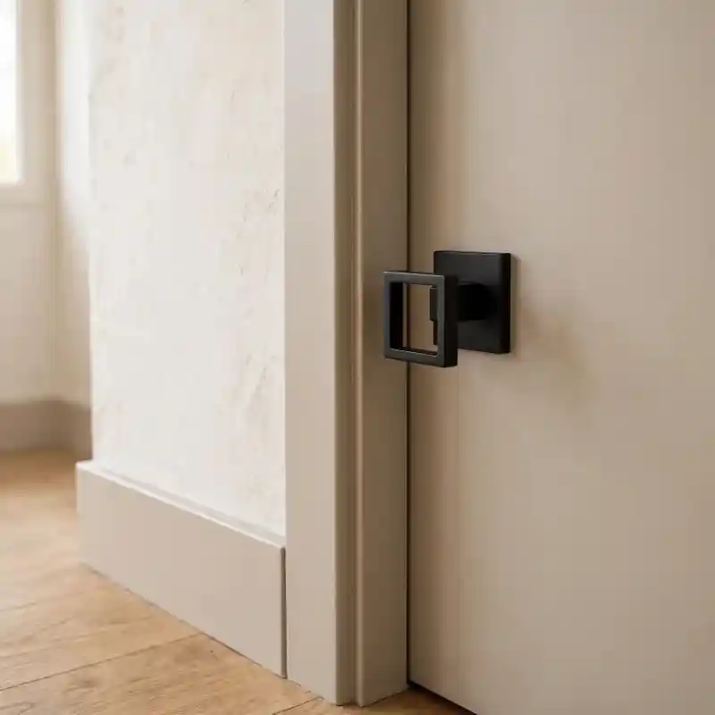 Restyling porta interna con maniglia nera moderna Dettaglio di porta interna beige con maniglia nera quadrata moderna su parete materica