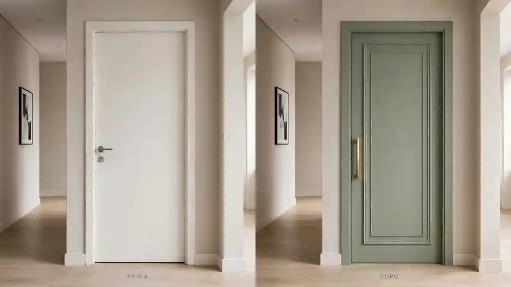 Ingresso moderno con porta verde salvia e maniglia lunga in ottone, panca in legno e tappeto intrecciato. Una soluzione elegante tra le idee per rinnovare le porte di casa senza sostituirle, puntando su colore e dettagli metallici.