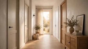 Corridoio moderno con porte interne chiare e maniglie nere, illuminato da luce naturale.