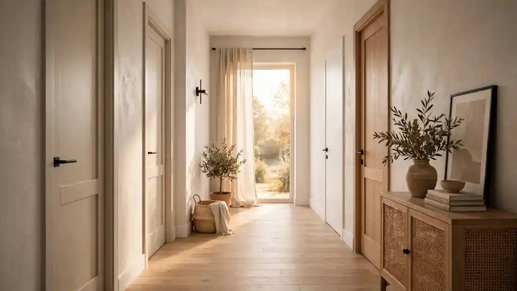 Restyling porte interne chiare con maniglie nere Corridoio moderno con porte interne chiare e maniglie nere, illuminato da luce naturale.
