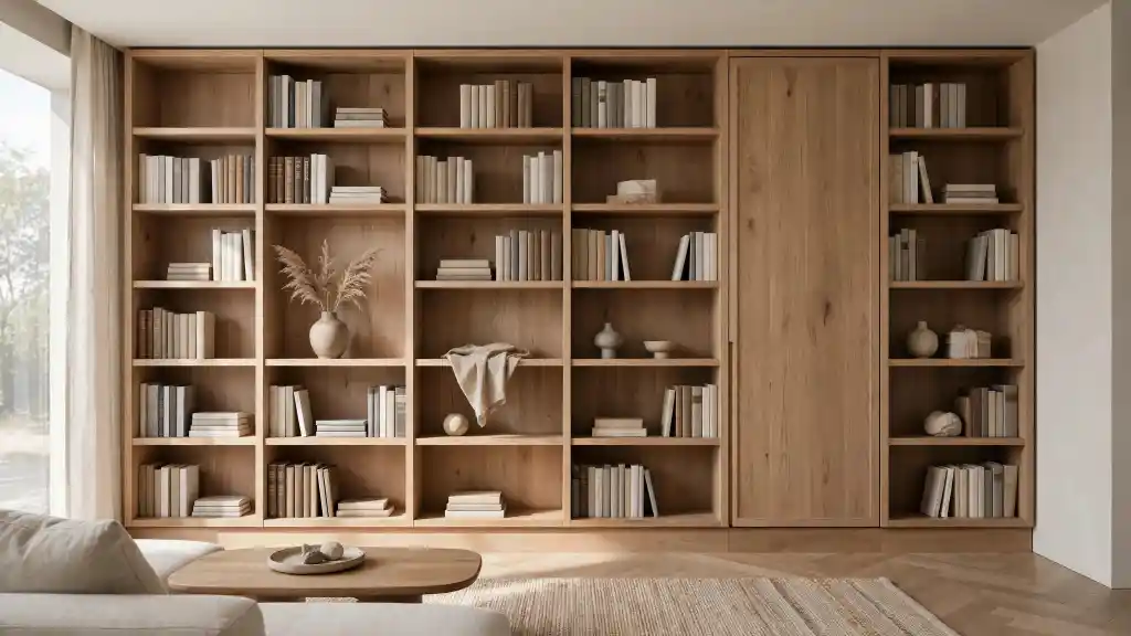 Libreria in legno a tutta parete in soggiorno moderno Libreria su misura con porta nascosta del ripostiglio
