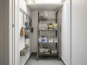 Scaffale metallico con contenitori trasparenti etichettati per sacchetti rifiuti, detersivi, spugne, guanti monouso, bicarbonato e sale grosso, affiancato da parete con ganci e strumenti per le pulizie in un piccolo ripostiglio ordinato.
