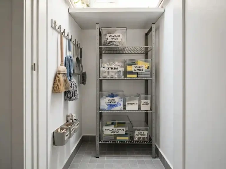 Scaffale metallico con contenitori trasparenti etichettati per sacchetti rifiuti, detersivi, spugne, guanti monouso, bicarbonato e sale grosso, affiancato da parete con ganci e strumenti per le pulizie in un piccolo ripostiglio ordinato.