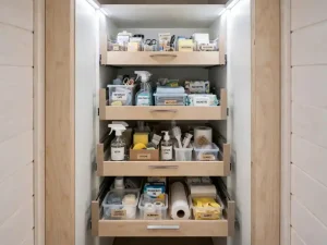 Ripostiglio piccolo con scaffali ordinati e contenitori etichettati per alimenti e prodotti per la casa, organizzati in modo uniforme per sfruttare al massimo lo spazio verticale.