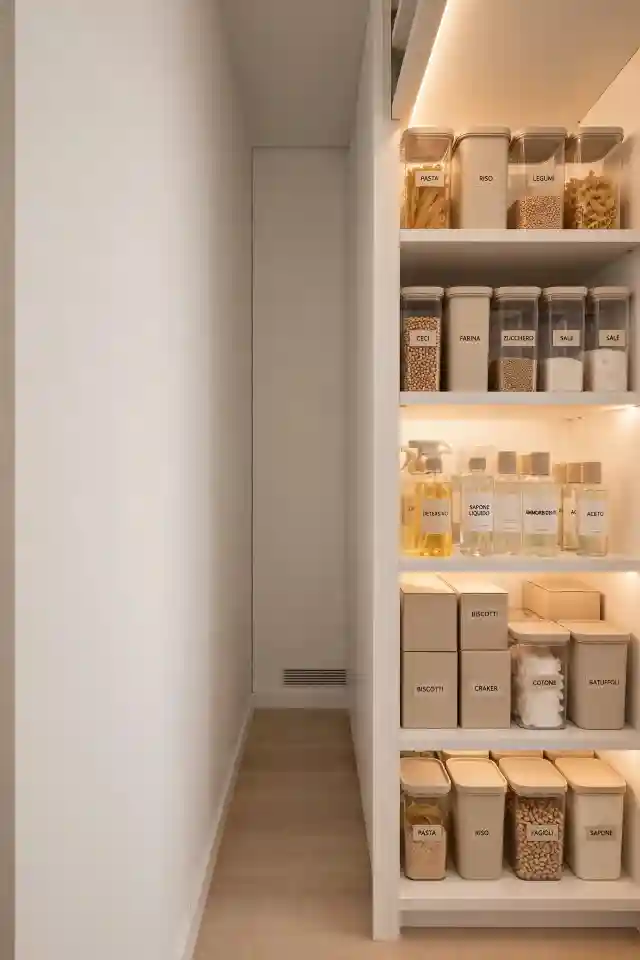 Scaffale ordinato per ripostiglio piccolo con contenitori etichettati Ripostiglio piccolo con scaffali ordinati e contenitori etichettati per alimenti e prodotti per la casa, organizzati in modo uniforme per sfruttare al massimo lo spazio verticale.