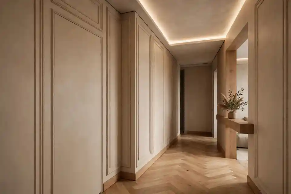 Ripostiglio senza porta nel corridoio Ripostiglio senza porta integrato nel corridoio con pannellatura beige e illuminazione a LED