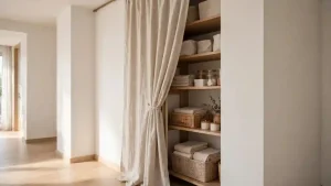 Ripostiglio senza porta con tenda beige e scaffali organizzati con ceste e contenitori
