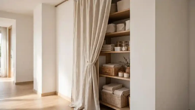 Ripostiglio senza porta con tenda beige e scaffali organizzati con ceste e contenitori