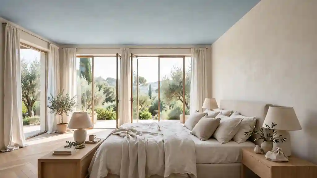 Soffitto celeste polvere camera da letto Camera da letto con soffitto celeste polvere, pareti avorio e arredi in legno chiaro