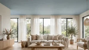 Soggiorno con soffitto celeste polvere e pareti chiare che crea l’effetto di un cielo aperto