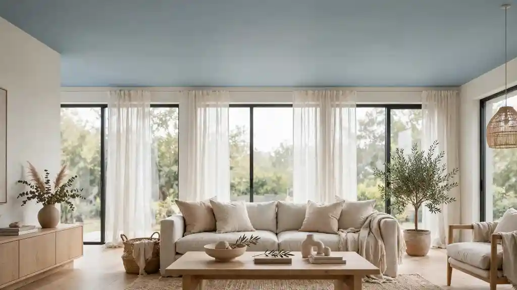 Soffitto celeste polvere living moderno Soggiorno con soffitto celeste polvere e pareti chiare che crea l’effetto di un cielo aperto