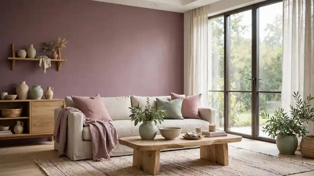 Living moderno con parete malva Color malva abbinato a beige e verde salvia in un soggiorno elegante