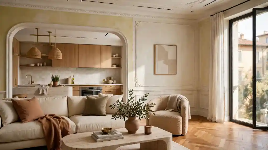Soggiorno e cucina ristrutturati con finiture moderne Soggiorno e cucina ristrutturati con finiture moderne, illuminazione naturale e arredi in palette neutra.