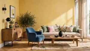 Soggiorno con parete gialla, divano beige e poltrona blu, arredi naturali e luce morbida.
