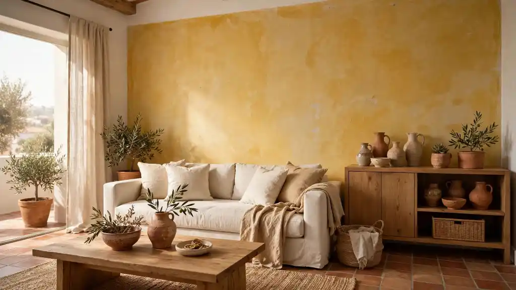 Abbinamento giallo, bianco e terracotta in stile mediterraneo Soggiorno mediterraneo con parete gialla, divano bianco e arredi in terracotta e legno naturale.