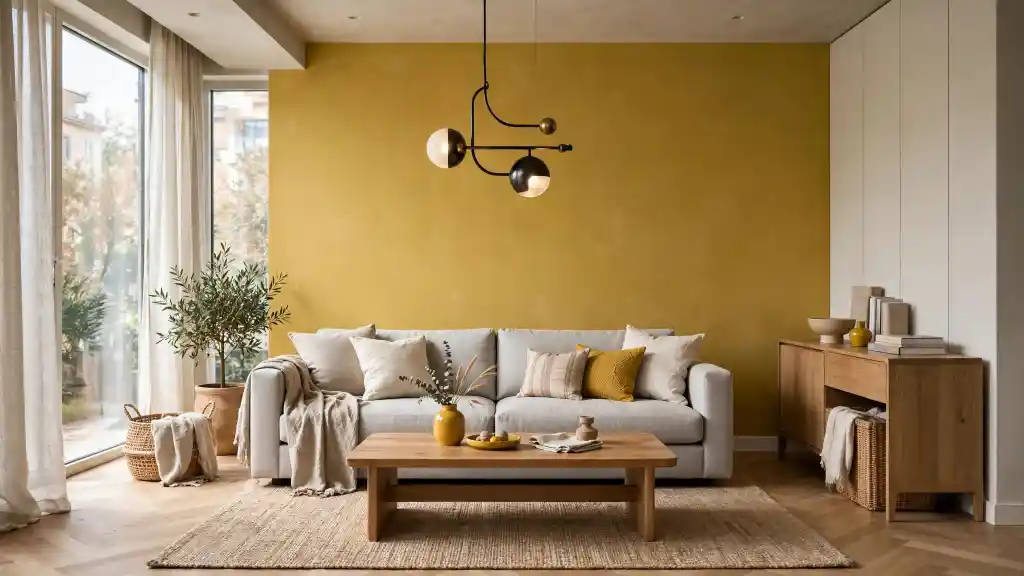 Abbinamento giallo senape e grigio nel soggiorno moderno Soggiorno con parete giallo senape, divano grigio e dettagli naturali in legno e beige.