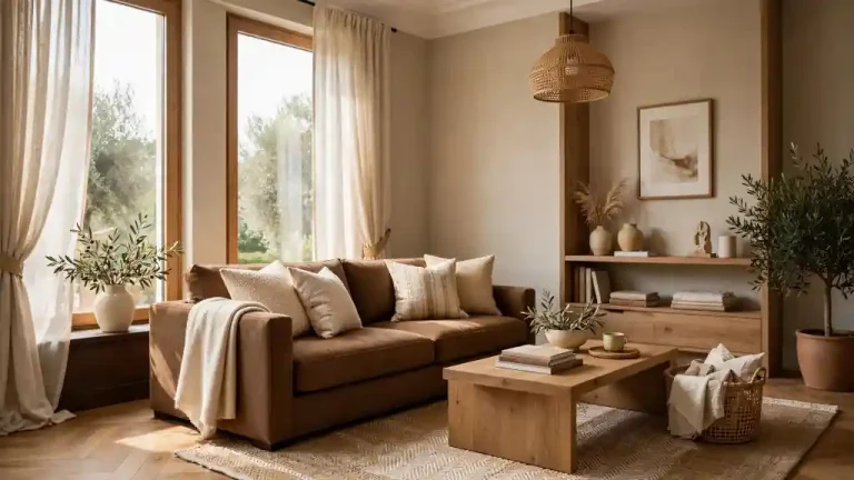 Soggiorno luminoso con divano colore marrone avana, cuscini beige, tavolino in legno e piante verdi che creano un’atmosfera calda e naturale