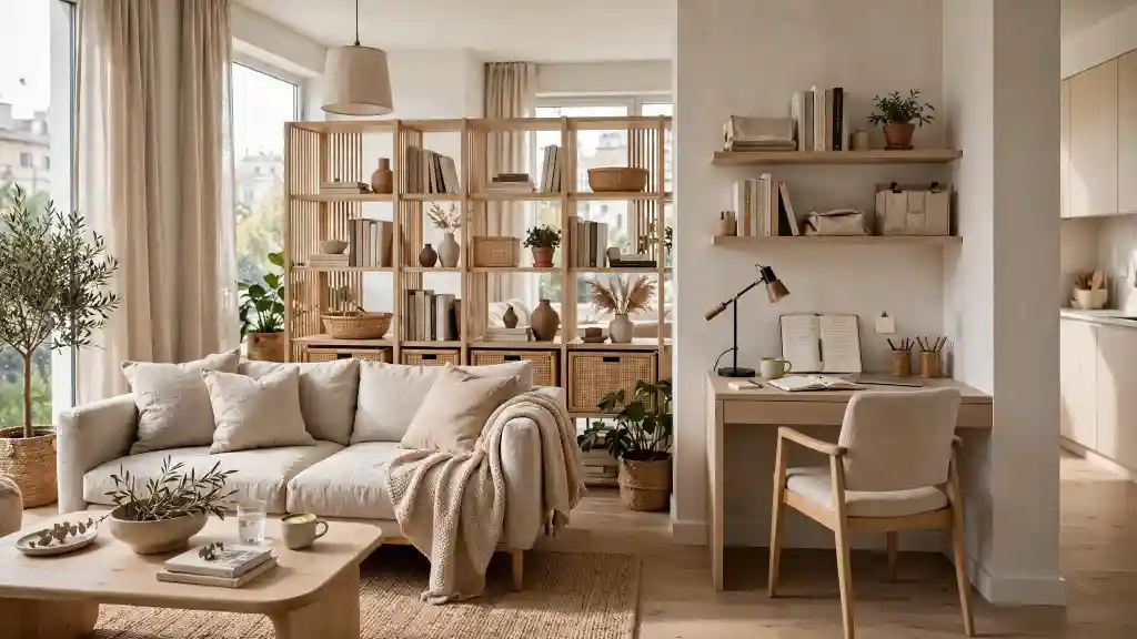 Soggiorno moderno multifunzionale: relax e lavoro in armonia Soggiorno moderno in stile Japandi con divano beige, grande libreria divisoria in legno chiaro, angolo home office funzionale con scrivania e mensole.