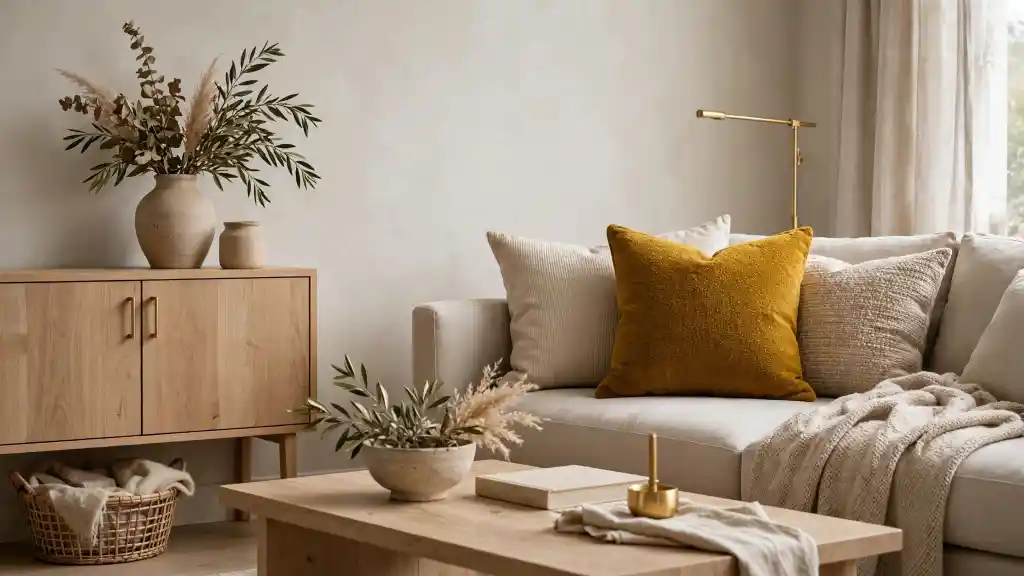 Dettagli di stile in un soggiorno moderno e accogliente Primo piano di un soggiorno moderno con divano chiaro, cuscino decorativo color senape, tavolino in legno e credenza bassa con vasi e fiori secchi.