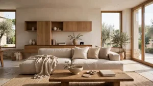 Soggiorno moderno e luminoso con pareti neutre, divano beige, mobili sospesi in legno e grandi vetrate affacciate sul verde.