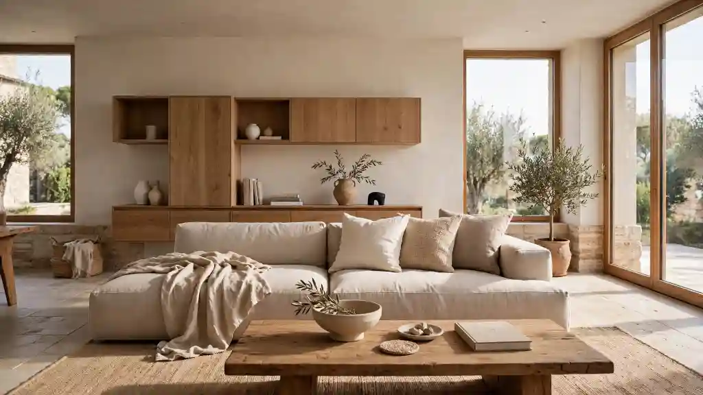 Soggiorno moderno in stile naturale e accogliente Soggiorno moderno e luminoso con pareti neutre, divano beige, mobili sospesi in legno e grandi vetrate affacciate sul verde.