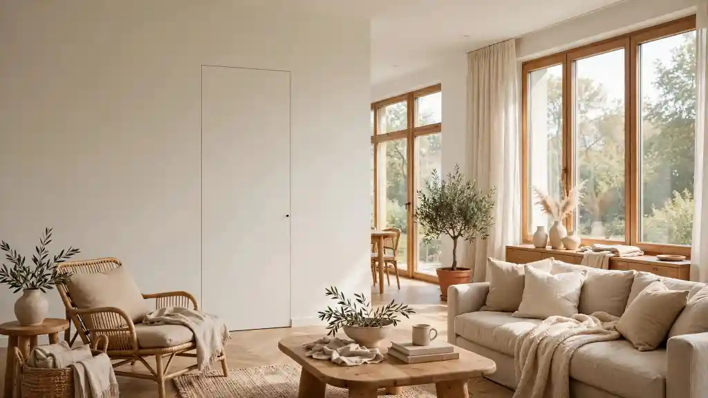 Soggiorno luminoso in stile naturale con arredi in legno Come nascondere un ripostiglio con una porta filomuro integrata nella parete