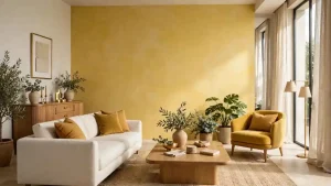 Soggiorno moderno con parete gialla, divano bianco e poltrona senape, arredi in legno e luce naturale.