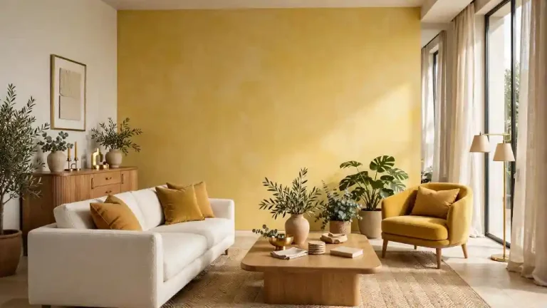 Soggiorno moderno con parete gialla, divano bianco e poltrona senape, arredi in legno e luce naturale.