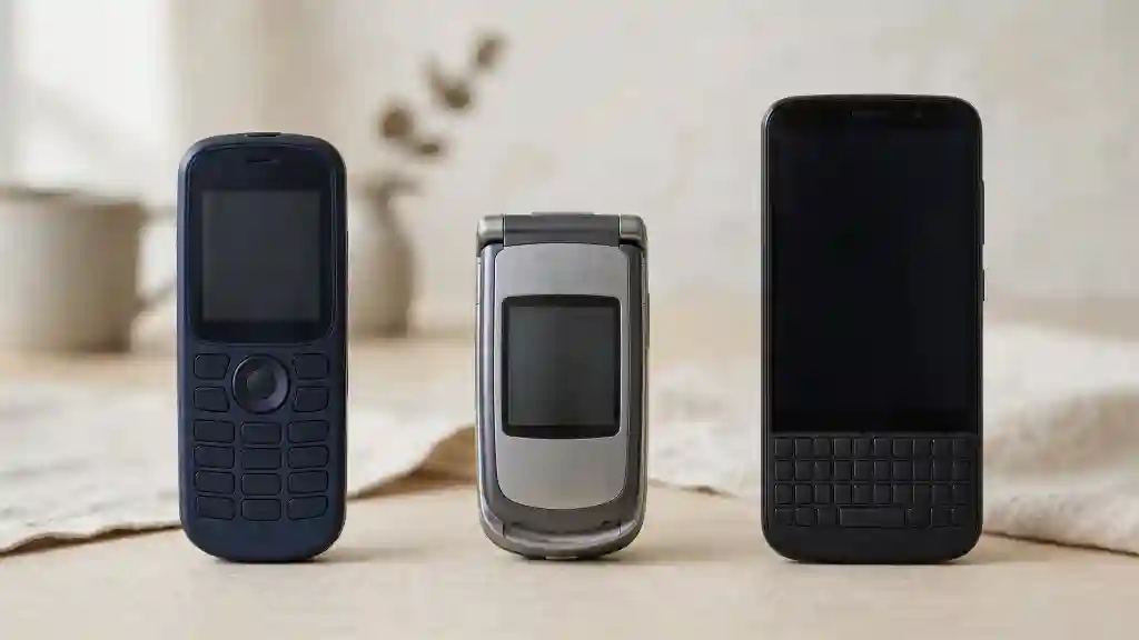 Tre modelli di telefono semplice con WhatsApp a confronto: candybar blu, a conchiglia argento e con tastiera fisica QWERTY