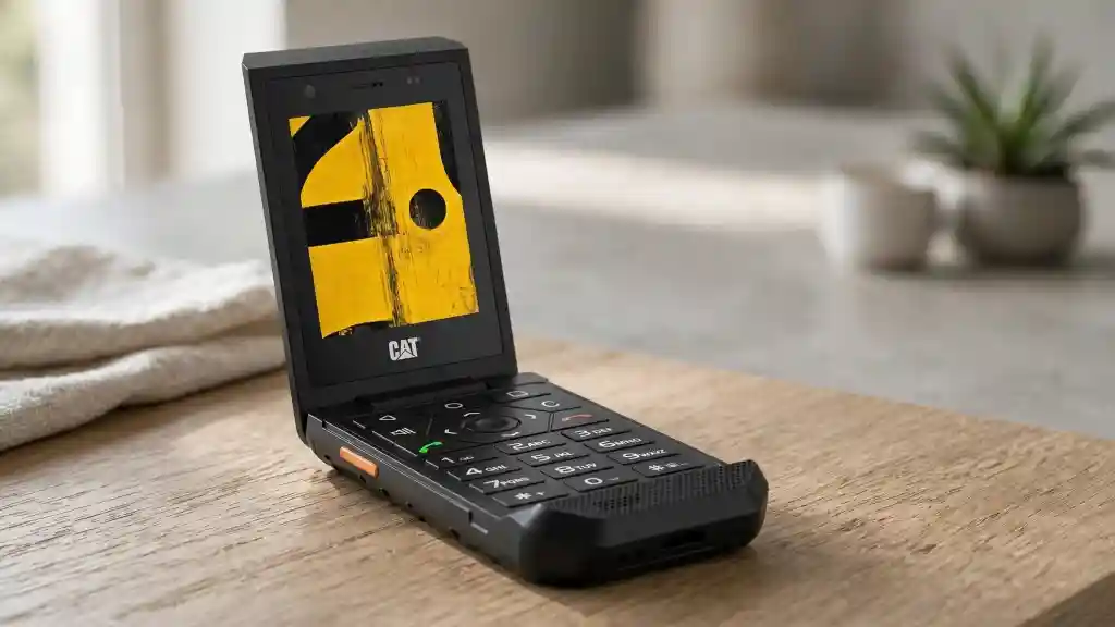 Telefono semplice con WhatsApp robusto a conchiglia con tastiera fisica, schermo acceso e finitura antiurto su un tavolo in legno