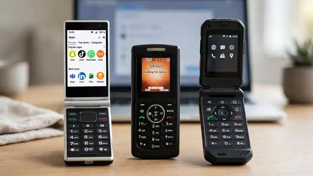 Telefono semplice con WhatsApp: modelli e interfacce a confronto Tre telefoni semplici con WhatsApp a confronto: modello con app visibili sullo schermo, candybar in ricerca di rete e rugged con icone essenziali