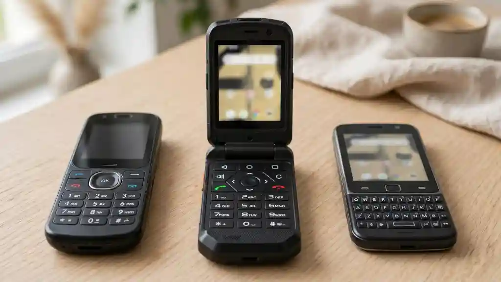 Telefono semplice con WhatsApp: candybar, conchiglia e QWERTY a confronto Tre modelli di telefono semplice con WhatsApp su un tavolo di legno: candybar classico, rugged a conchiglia con app aperte e modello con tastiera QWERTY