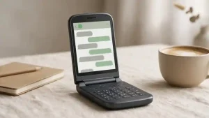 Telefono semplice a conchiglia con WhatsApp aperto sullo schermo, tastiera fisica e tazza di caffè sul tavolo