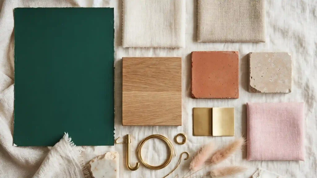 Moodboard verde Brunswick e materiali naturali Moodboard con campione di verde Brunswick, tessuti beige, legno, ottone e terracotta, esempio di abbinamenti eleganti per questa tonalità profonda.