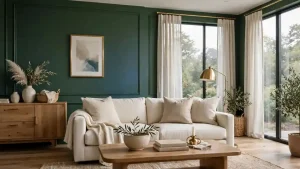 Soggiorno moderno con parete verde Brunswick, divano chiaro, tavolino in legno e dettagli in ottone, esempio elegante di uso del verde profondo nell’arredamento.