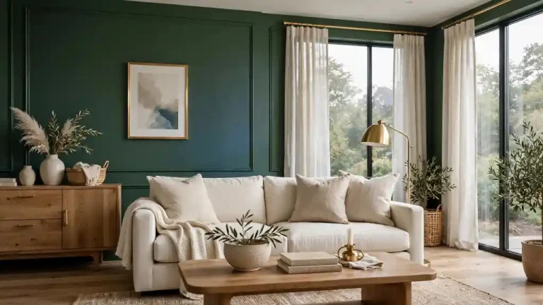 Soggiorno moderno con parete verde Brunswick, divano chiaro, tavolino in legno e dettagli in ottone, esempio elegante di uso del verde profondo nell’arredamento.