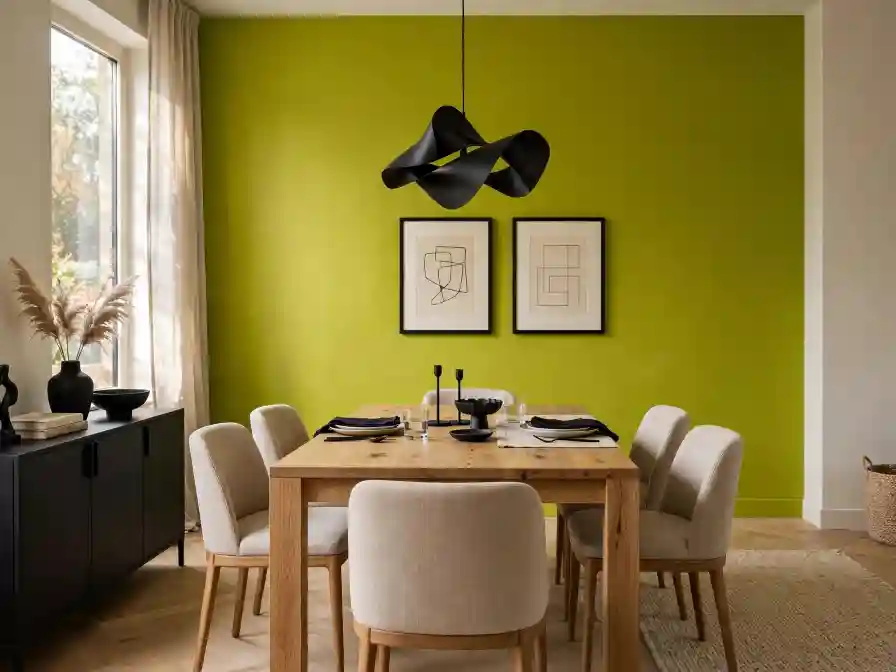 Sala da pranzo verde chartreuse lime Sala da pranzo moderna con parete verde chartreuse lime, tavolo in legno e sedie beige, esempio di uso audace del verde chartreuse colore.