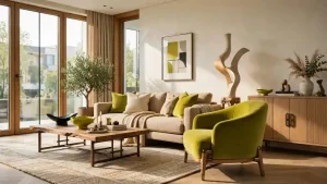 Soggiorno moderno con accenti di verde chartreuse soft, divano beige, poltrona verde e dettagli naturali, esempio di uso equilibrato del verde chartreuse colore.