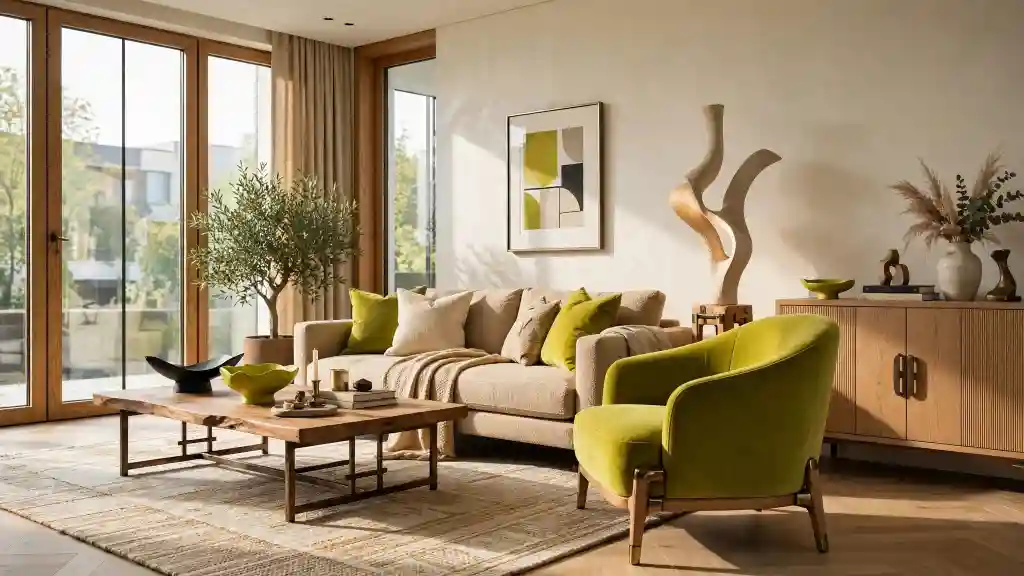 Soggiorno con accenti verde chartreuse Soggiorno moderno con accenti di verde chartreuse soft, divano beige, poltrona verde e dettagli naturali, esempio di uso equilibrato del verde chartreuse colore.