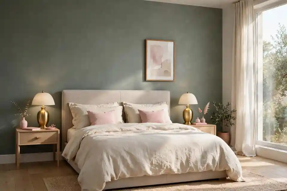 Camera da letto con parete verde glauco Camera da letto moderna con parete verde glauco, testiera imbottita beige, comodini in legno e lampade dorate, esempio di abbinamenti eleganti con questa tonalità.