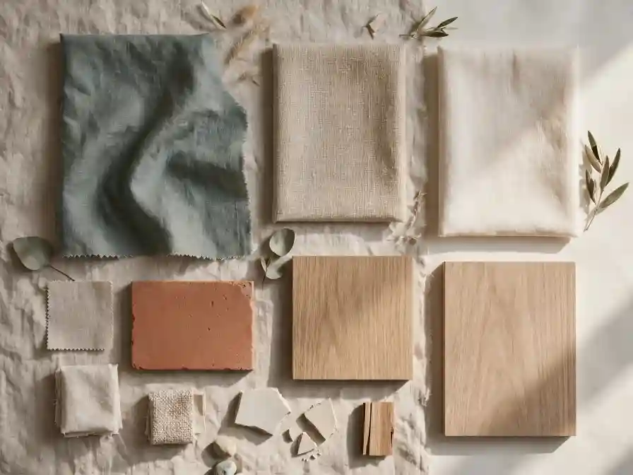 Moodboard palette verde glauco Moodboard con campioni di tessuto blu‑grigio, legno chiaro, ceramica e terracotta, esempio di palette ispirata al verde glauco per arredare con materiali naturali.
