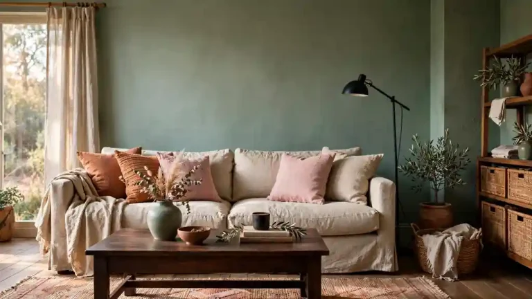 Soggiorno con parete verde glauco, divano beige, tavolino in legno e decorazioni naturali, esempio di abbinamenti caldi e materici con questa tonalità.